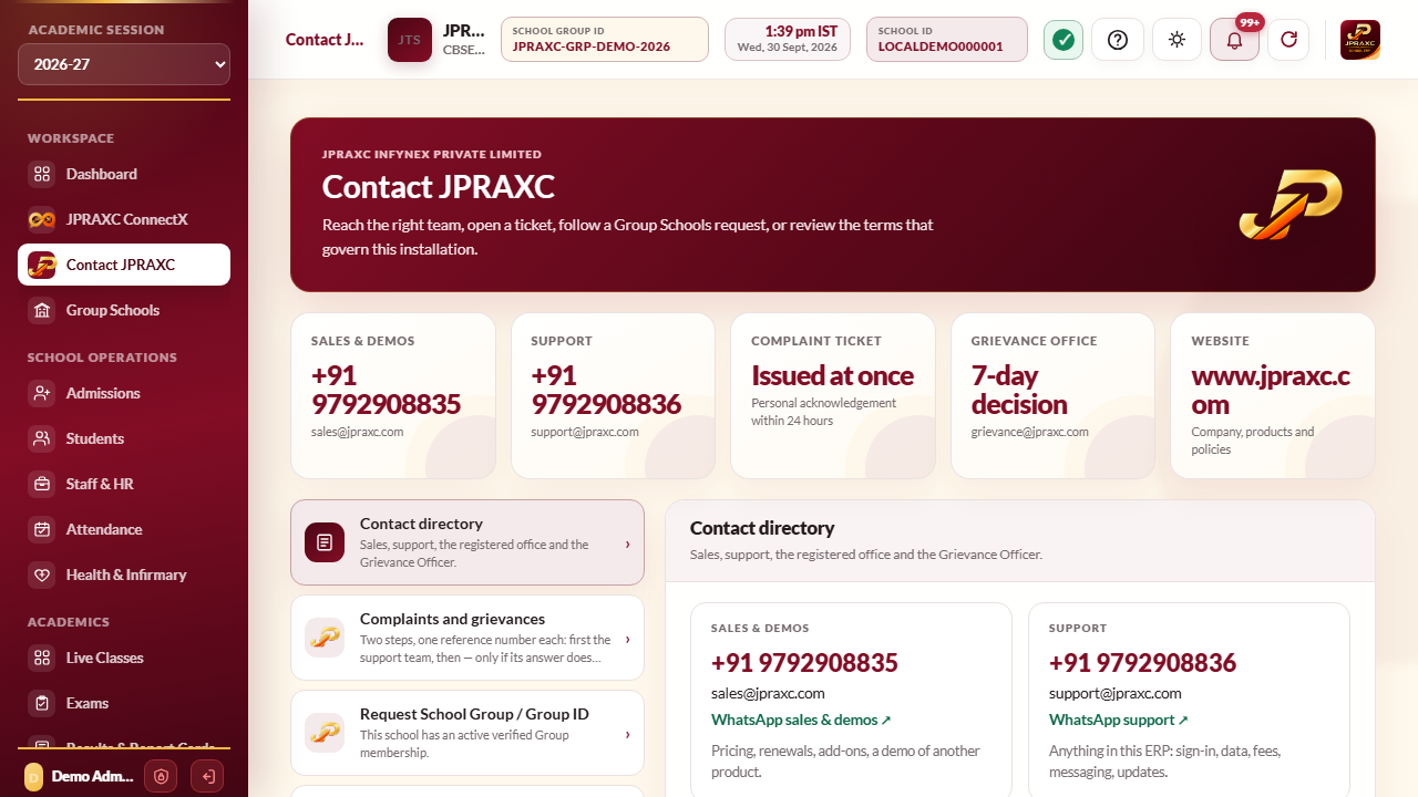 Contact JPRAXC in the School ERP sidebar