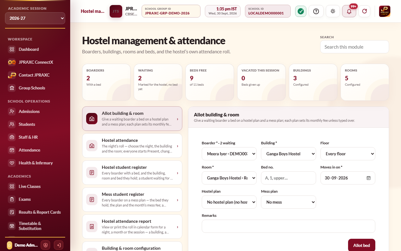 Hostel management & attendance, with Allot building & room open
