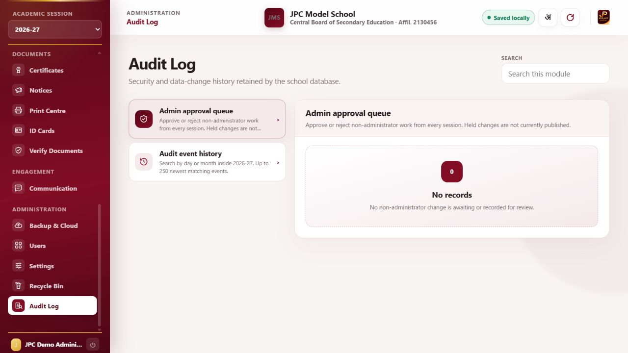 JPRAXC School ERP Audit approval & protected history screen with synthetic illustrative data