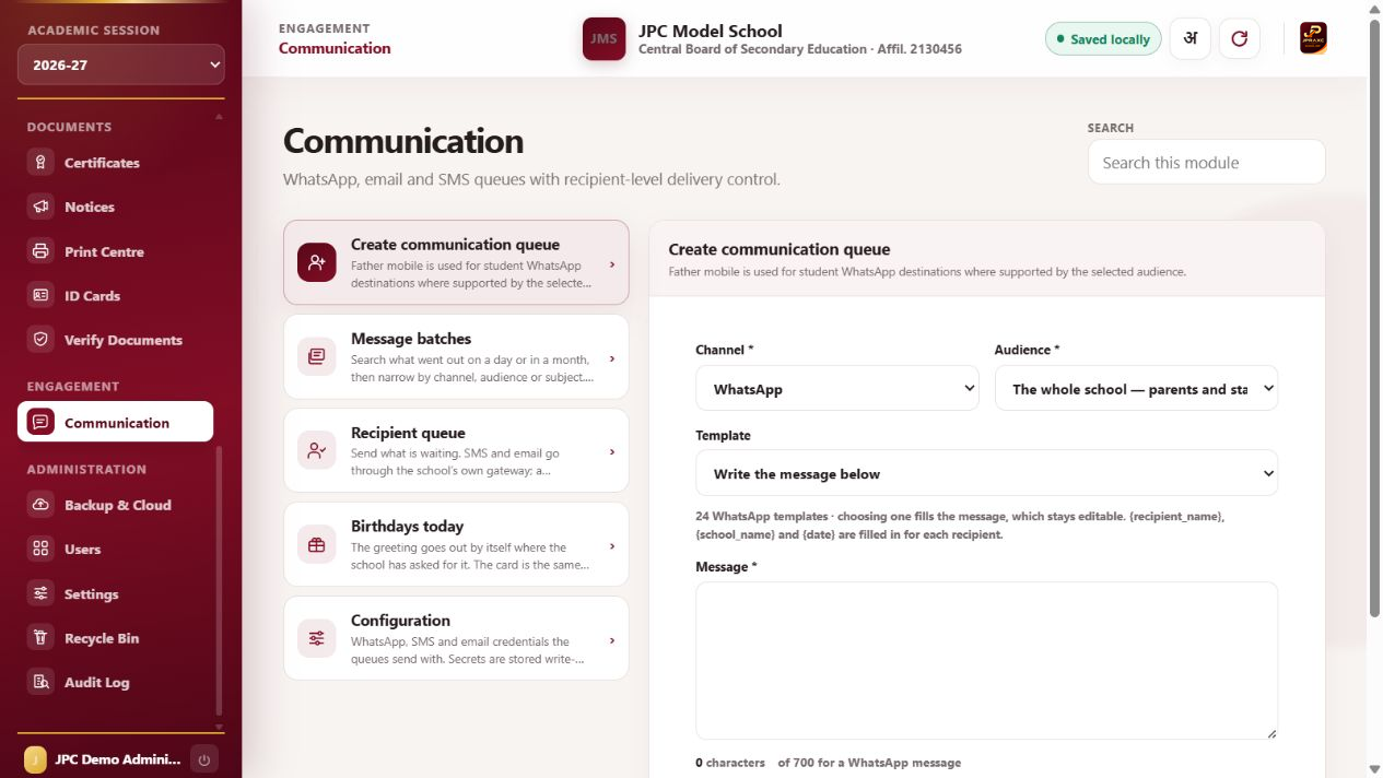 JPRAXC School ERP WhatsApp, SMS & email communication screen with synthetic illustrative data