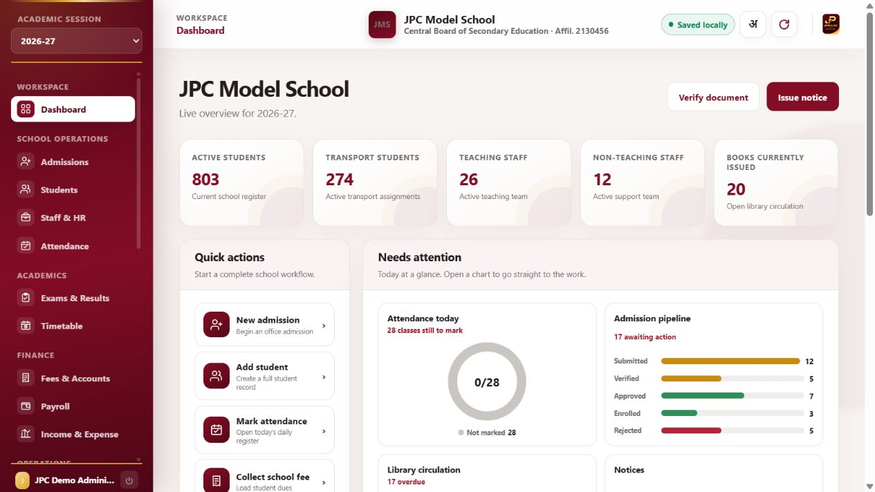 JPRAXC School ERP dashboard for JPRAXC Model School showing illustrative student, attendance, fee and payroll information