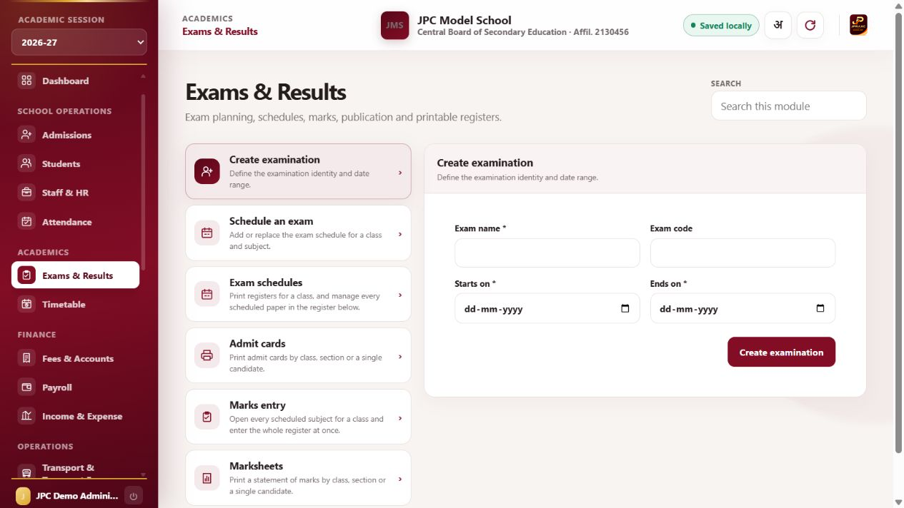 JPRAXC School ERP Exams, results & academic documents screen with synthetic illustrative data
