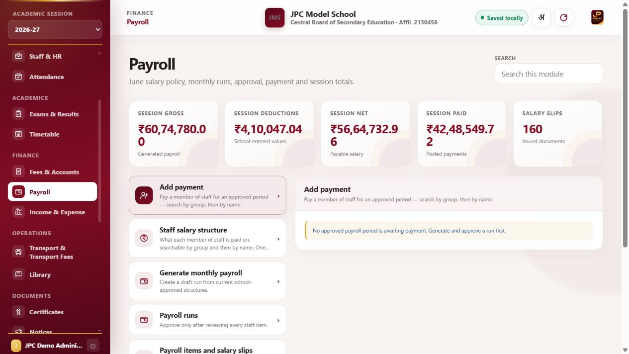 JPRAXC School ERP Payroll & salary slips screen with synthetic illustrative data