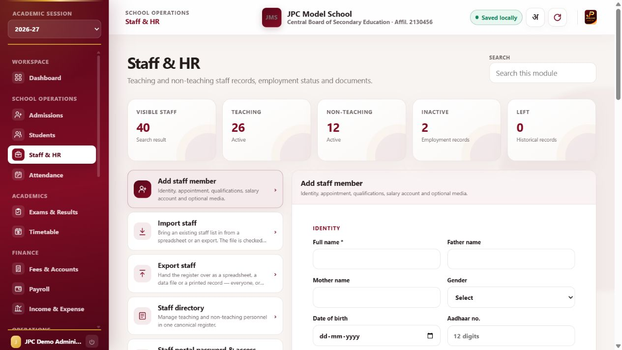 JPRAXC School ERP Staff & HR screen with synthetic illustrative data