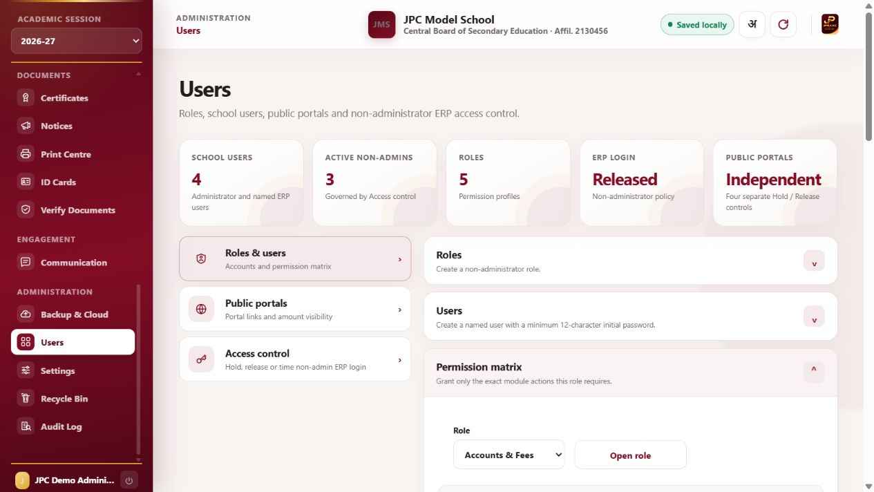 JPRAXC School ERP Users, portals & access control screen with synthetic illustrative data